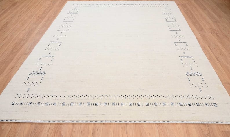 Premium Hand-Knotted Gabbeh Wool Rug - Minimalist Cream Ivory Organic Tribal Area Carpet - Custom Size Available