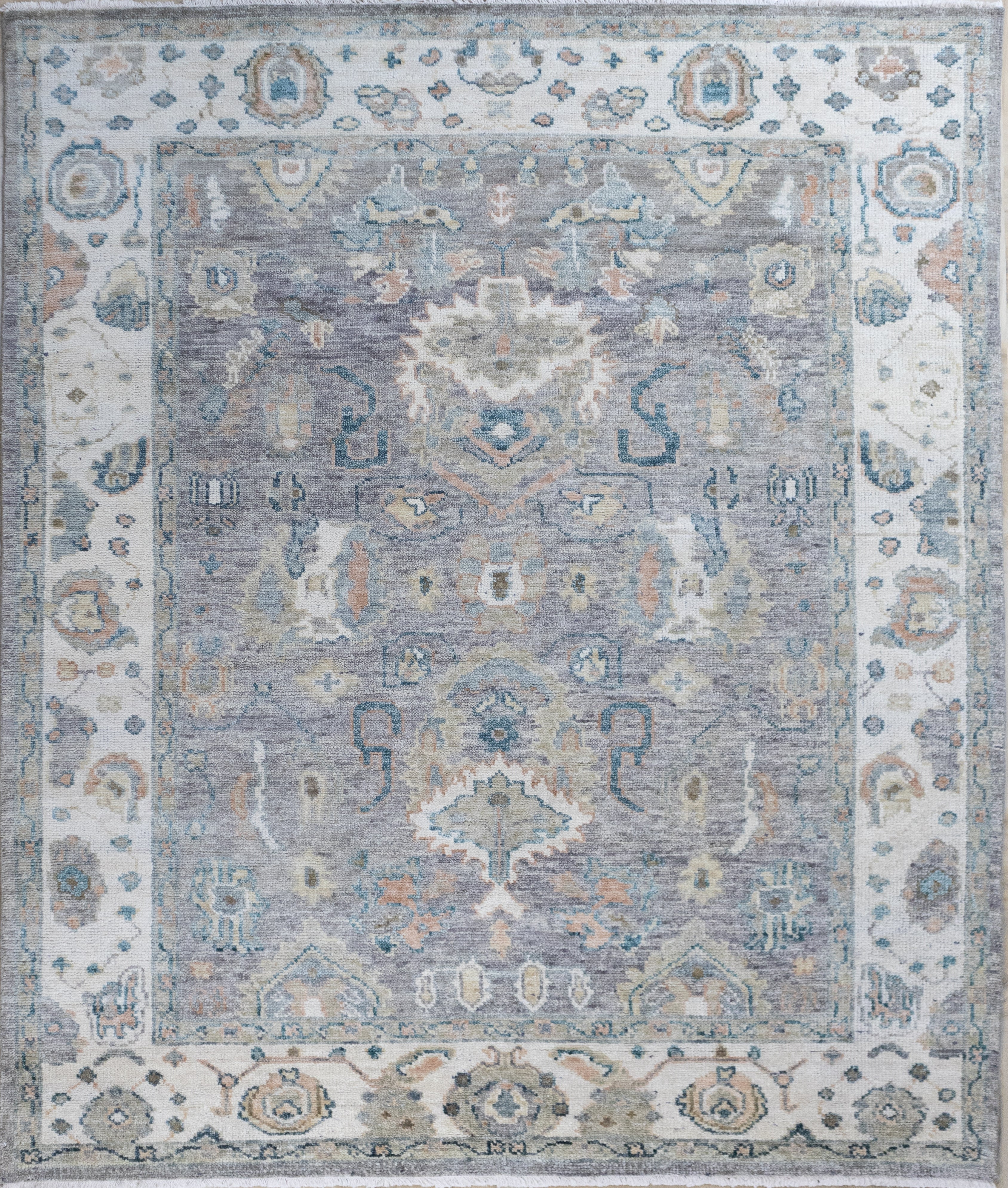 Premium Hand-Knotted Oushak Wool Rug - Muted Silver Grey Light Blue Floral Carpet