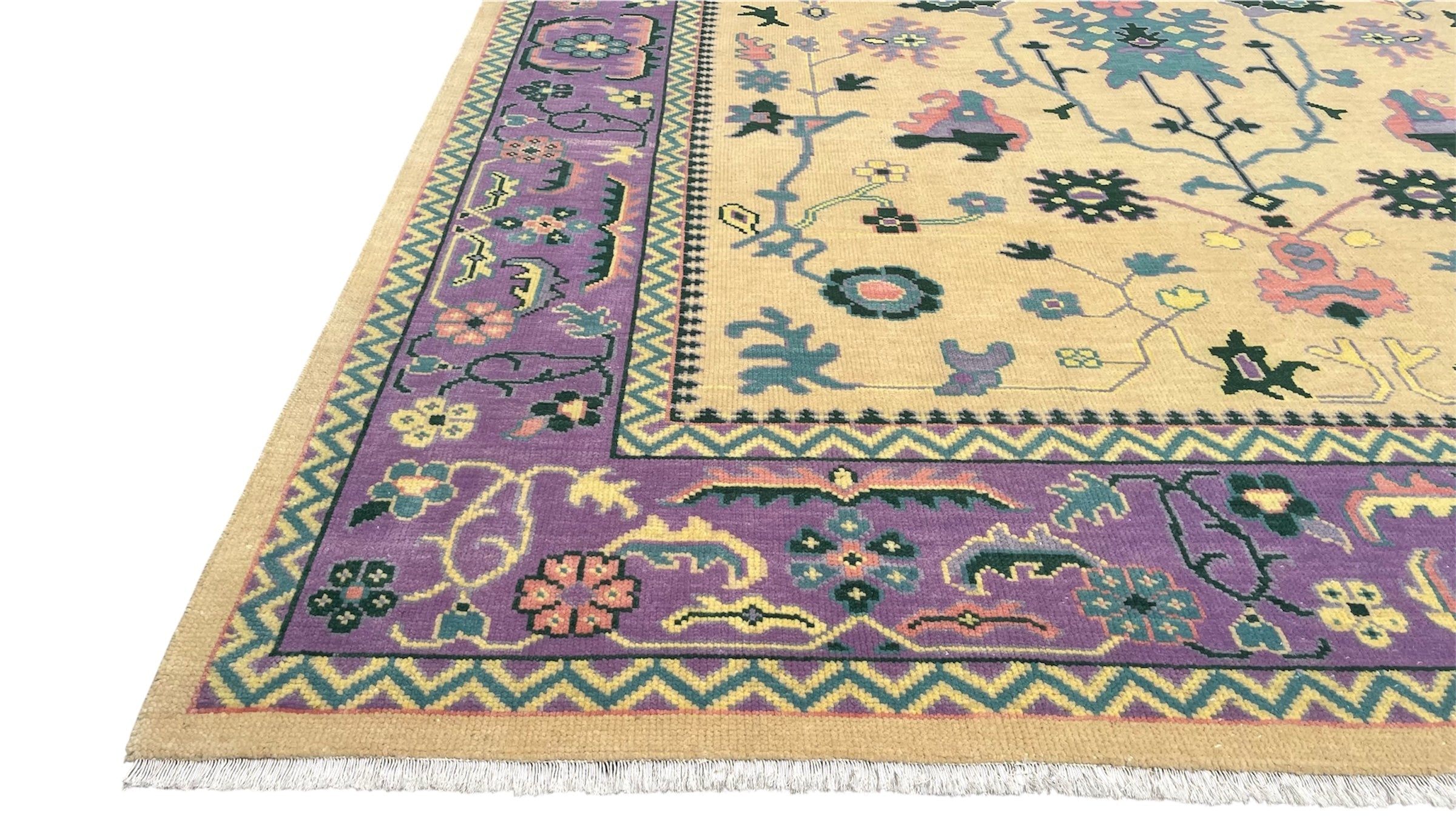 Premium Hand-Knotted Oushak Wool Rug - Ivory Cream and Purple Lavender Floral Carpet