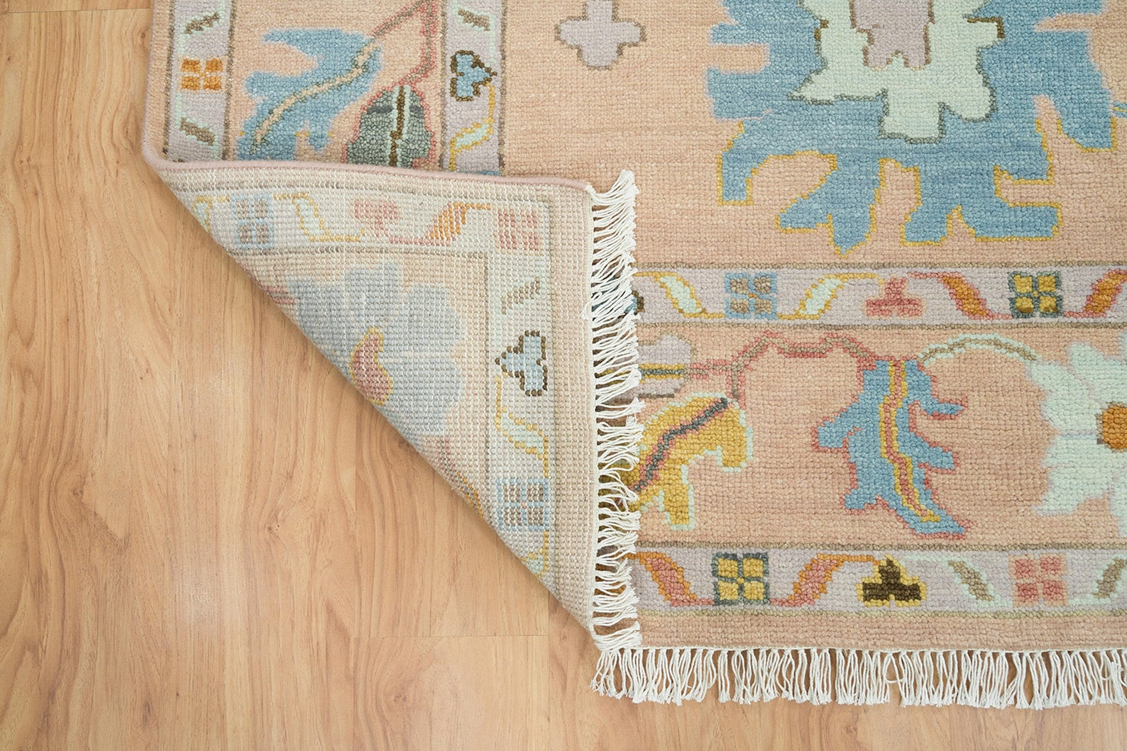 Premium Hand-Knotted Oushak Wool Rug - Muted Blush Pink & Apricot Peach Turkish Carpet - Custom Size Area Rug for Living Room, Bedroom & Nursery