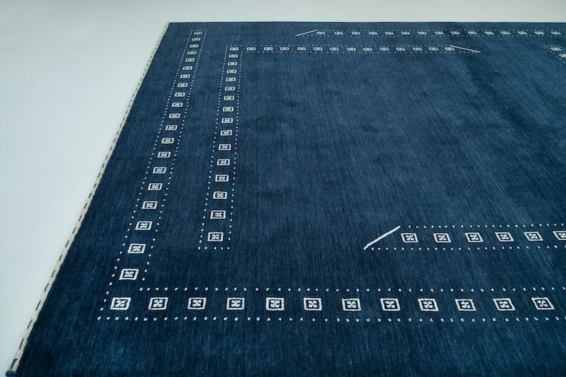 Premium Hand-Knotted Gabbeh Wool Rug - Minimalist Navy Indigo Blue Geometric Tribal Area Carpet - Custom Size Available