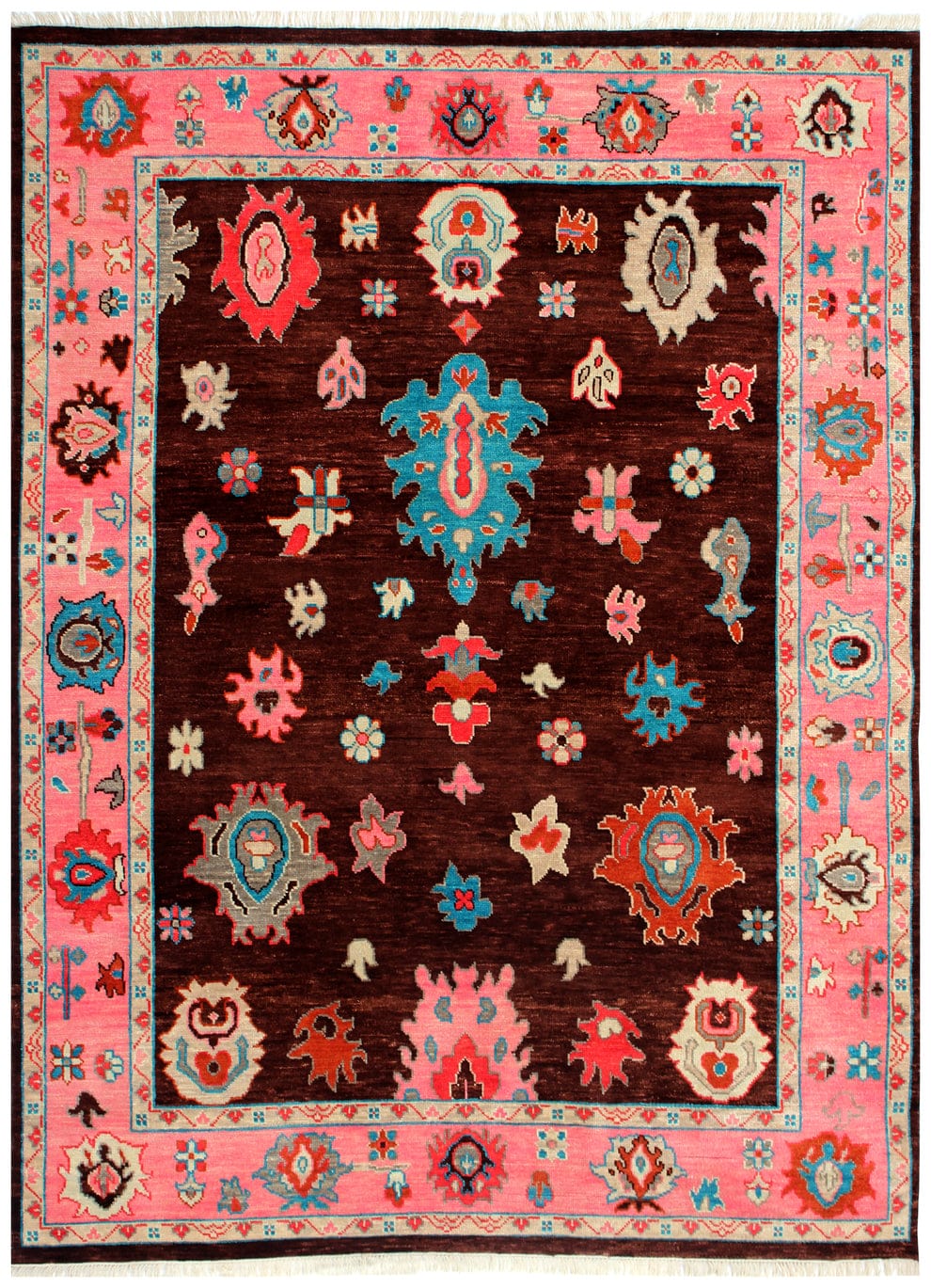 Premium Hand-Knotted Oushak Wool Rug - Dark Chocolate Brown & Pink Border Turkish Style Carpet - Custom Size Area Rug for Living Room, Bedroom & Study