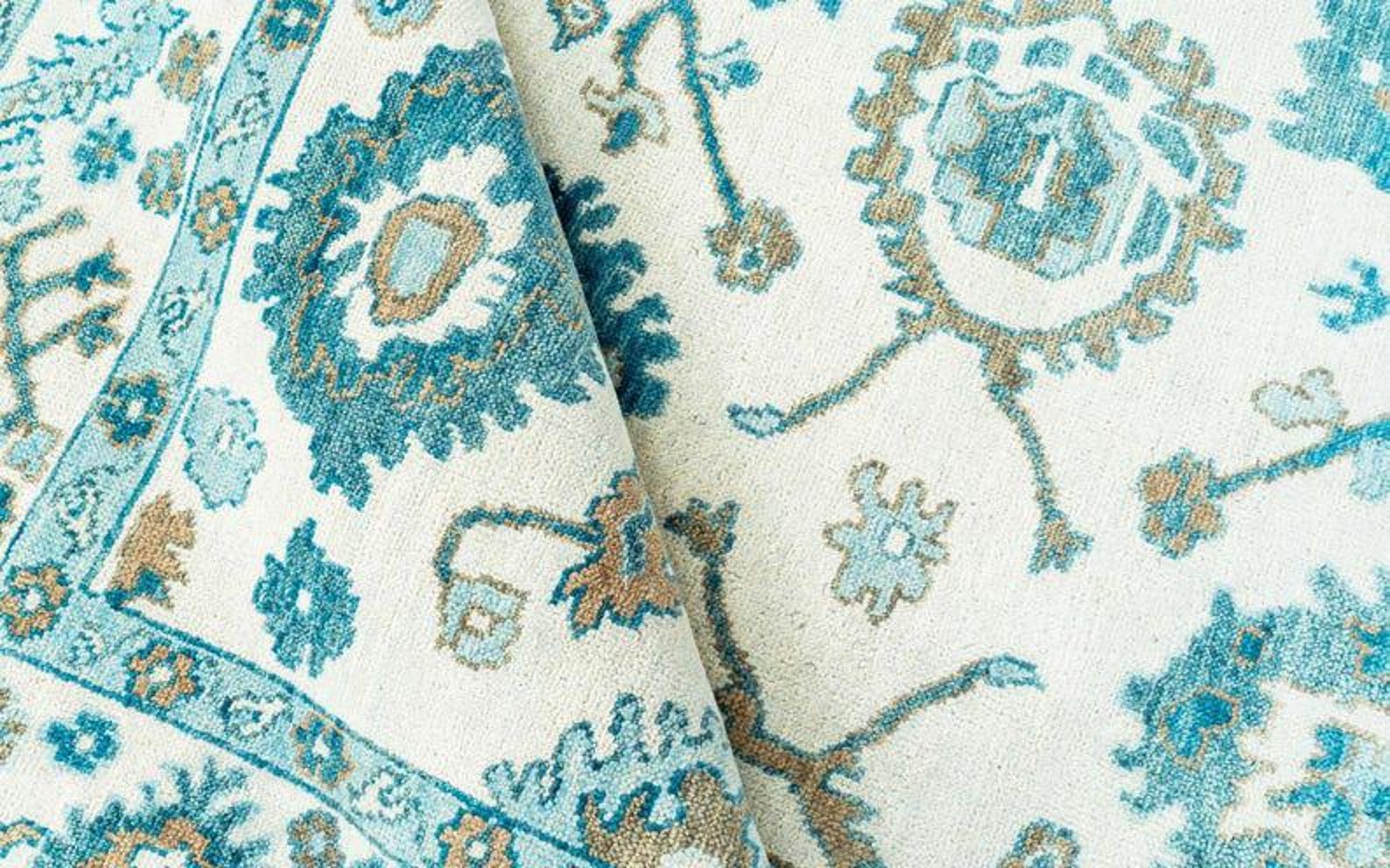 Premium Hand-Knotted Oushak Wool Rug - Creamy Ivory & Turquoise Blue Turkish Carpet - Custom Size Traditional Area Rug for Living Room, Bedroom & Coastal Spaces