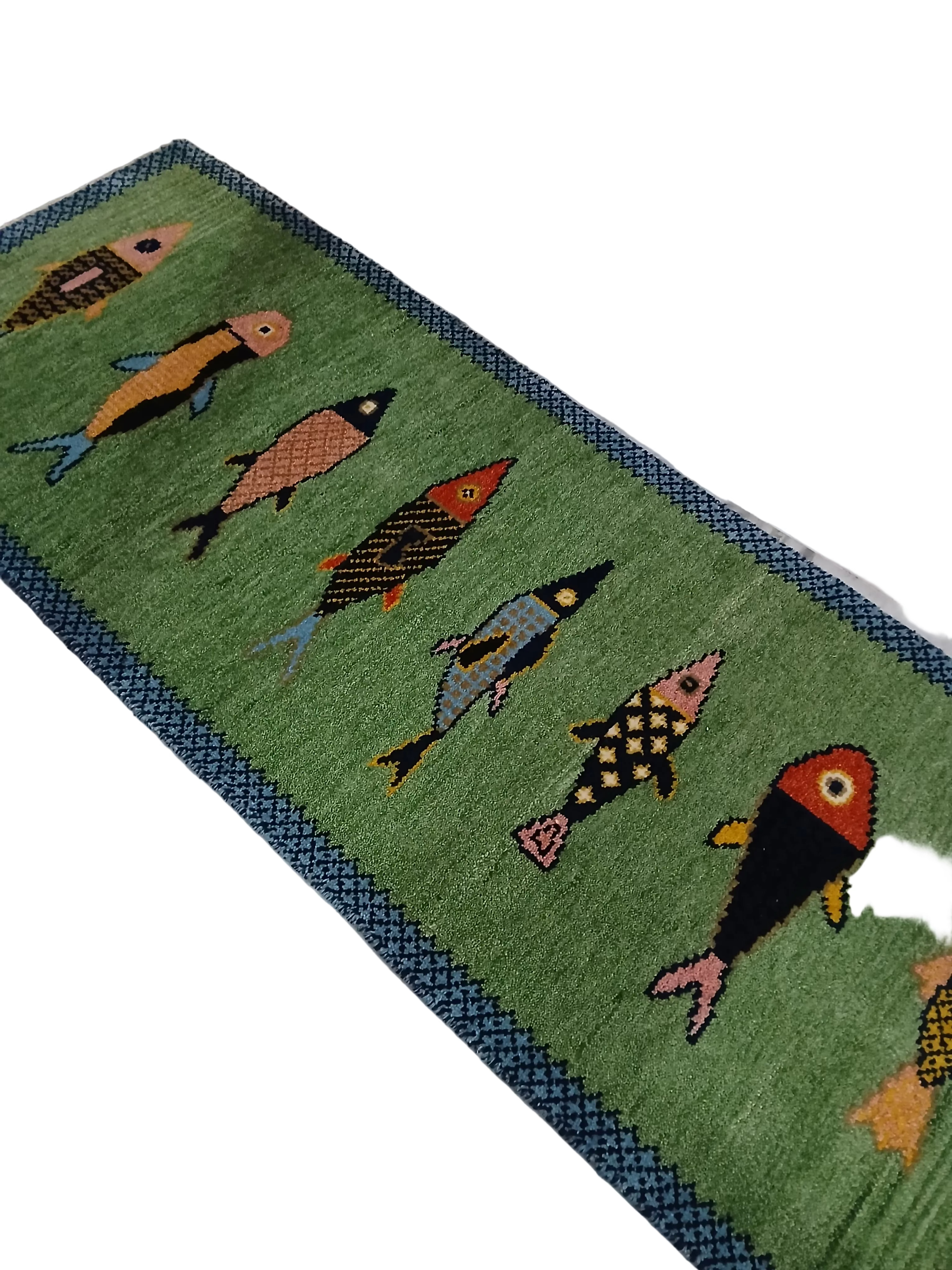 Luma Hand-Knotted Oushak Wool Fish Runner Rug – Vibrant Green Eclectic Coastal Accent