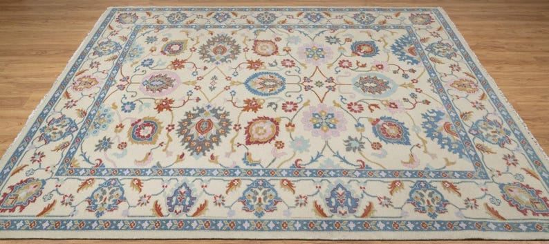 Premium Hand-Knotted Oushak Wool Rug - Elegant Ivory Cream Pastel Floral Carpet