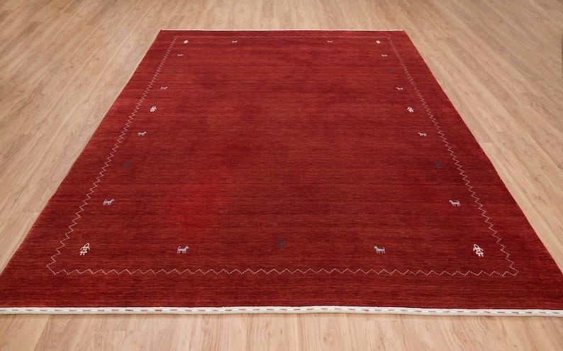 Premium Hand-Knotted Gabbeh Wool Rug - Minimalist Dark Red Maroon Geometric Carpet