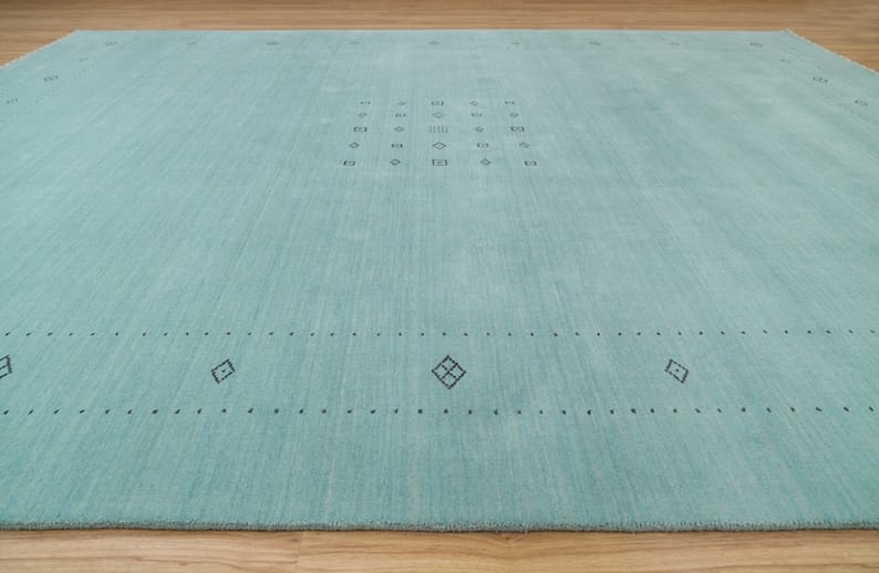 Premium Hand-Knotted Gabbeh Wool Rug - Minimalist Mint Green Aqua Blue Carpet