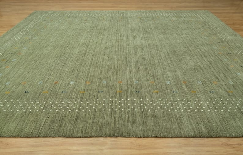 Premium Hand-Knotted Gabbeh Wool Rug - Minimalist Sage Green Organic Tribal Area Carpet - Custom Size Available
