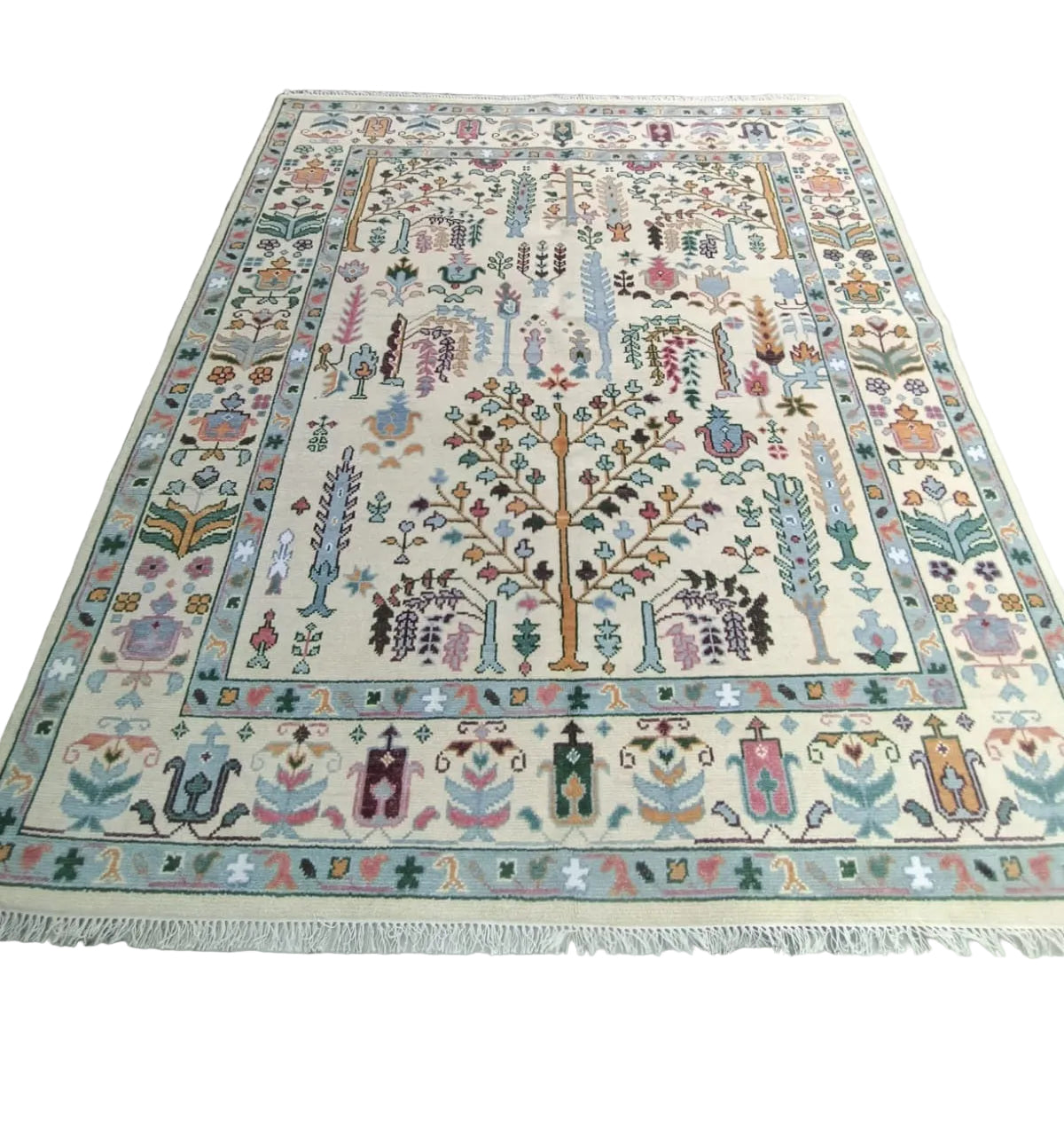 Premium Hand-Knotted Oushak Wool Rug - Creamy Ivory & Sage Green Tree of Life Carpet - Custom Size Traditional Area Rug for Living Room, Bedroom & Dining Space
