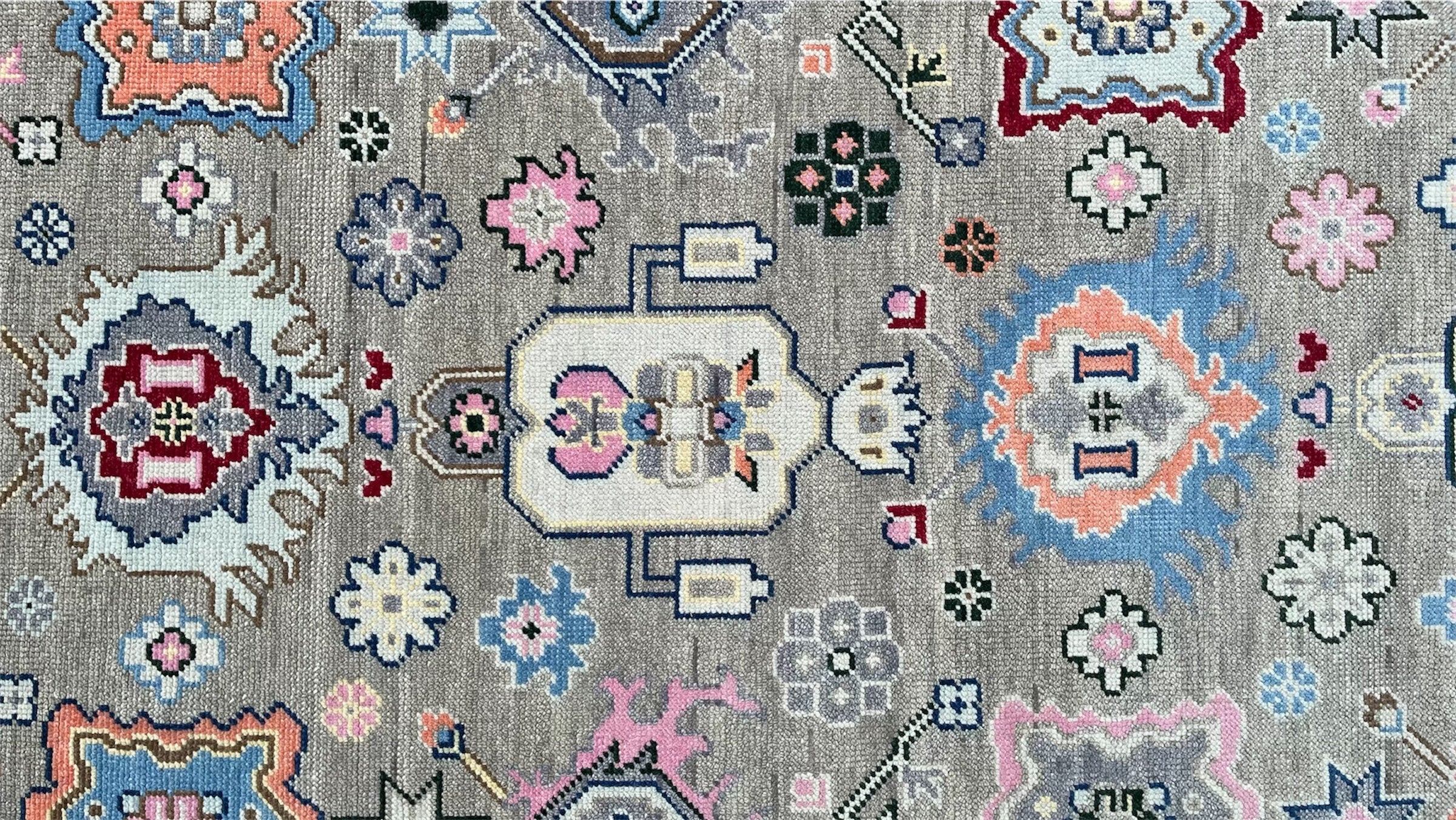 Premium Hand-Knotted Oushak Wool Rug - Muted Slate Blue Pastel Floral Carpet