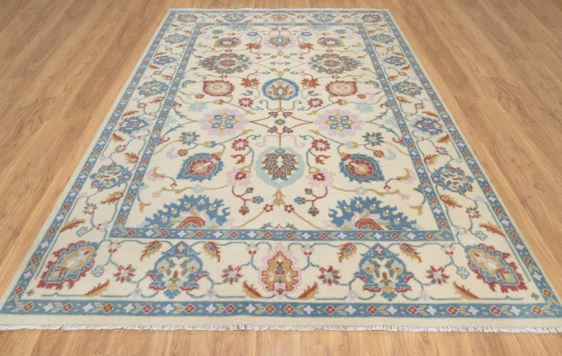 Premium Hand-Knotted Oushak Wool Rug - Creamy Ivory & Slate Blue Pastel Turkish Carpet - Custom Size Area Rug for Living Room, Bedroom & Dining Space