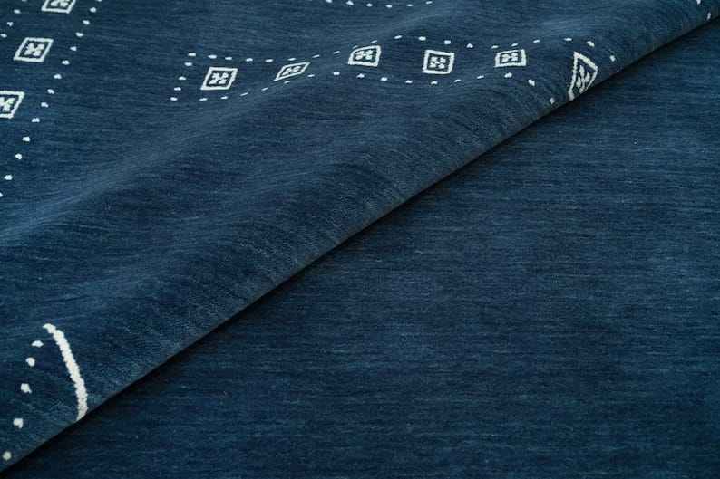 Premium Hand-Knotted Gabbeh Wool Rug - Minimalist Navy Indigo Blue Geometric Tribal Area Carpet - Custom Size Available