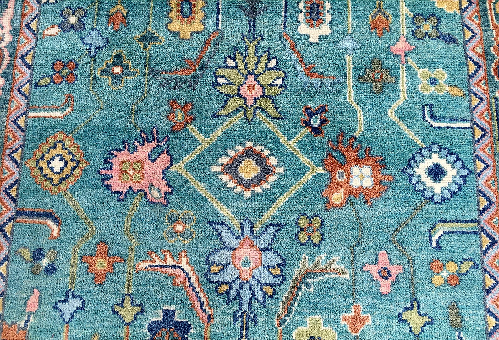 Premium Hand-Knotted Oushak Wool Rug - Vibrant Teal Blue & Terracotta Turkish Style Carpet - Custom Size Area Rug for Living Room, Bedroom & Dining Space