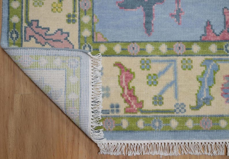 Premium Hand-Knotted Oushak Wool Rug - Sky Blue & Ivory Border Pastel Turkish Carpet - Custom Size Area Rug for Living Room, Bedroom & Nursery