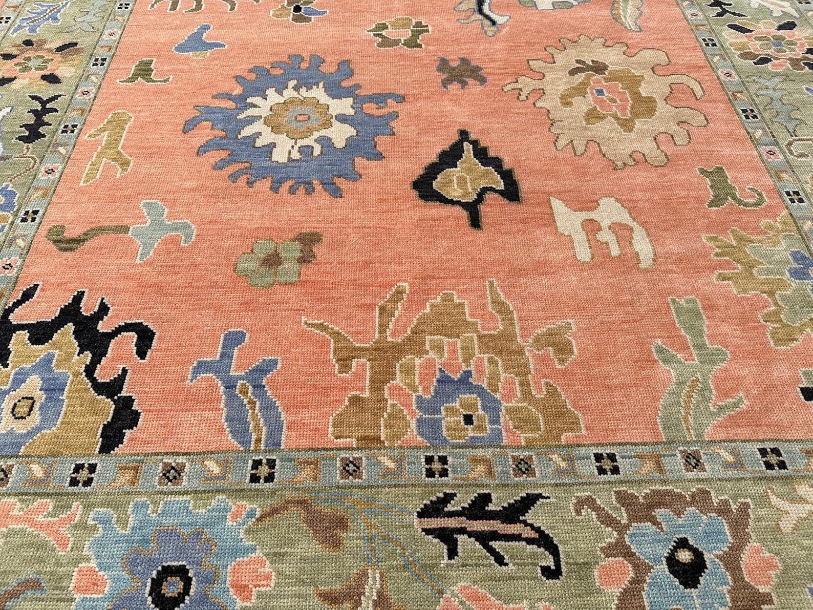 Premium Hand-Knotted Oushak Wool Rug - Vibrant Terracotta Orange Multi Floral Carpet