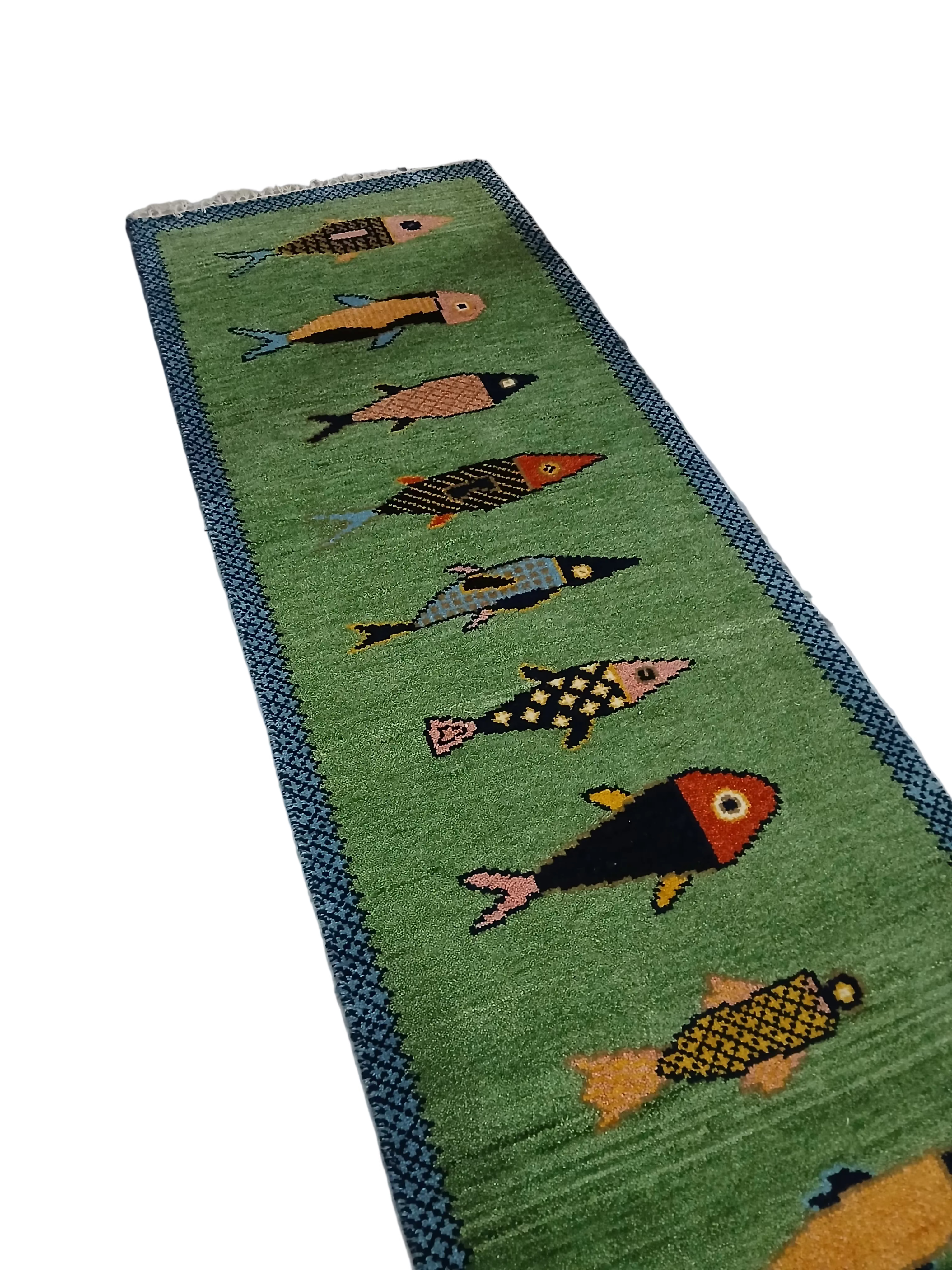 Luma Hand-Knotted Oushak Wool Fish Runner Rug – Vibrant Green Eclectic Coastal Accent