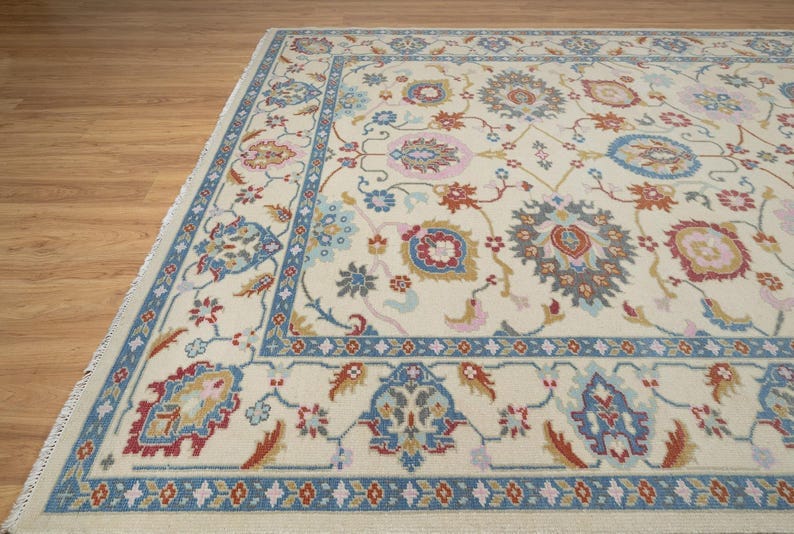 Premium Hand-Knotted Oushak Wool Rug - Creamy Ivory & Slate Blue Pastel Turkish Carpet - Custom Size Area Rug for Living Room, Bedroom & Dining Space