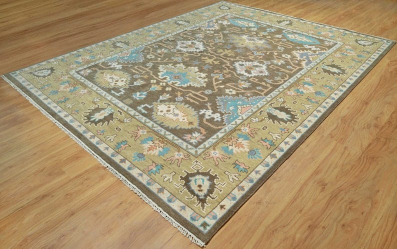 Premium Hand-Knotted Oushak Wool Rug - Mocha Brown & Khaki Gold Heritage Style Carpet - Custom Size Area Rug for Living Room, Dining Room & Executive Office