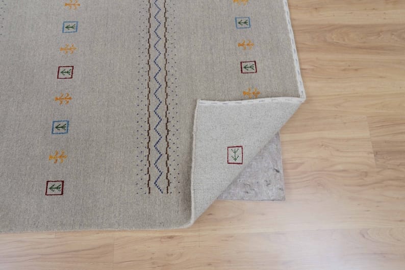 Premium Hand-Knotted Gabbeh Wool Rug - Minimalist Sage Olive Green Striped Carpet