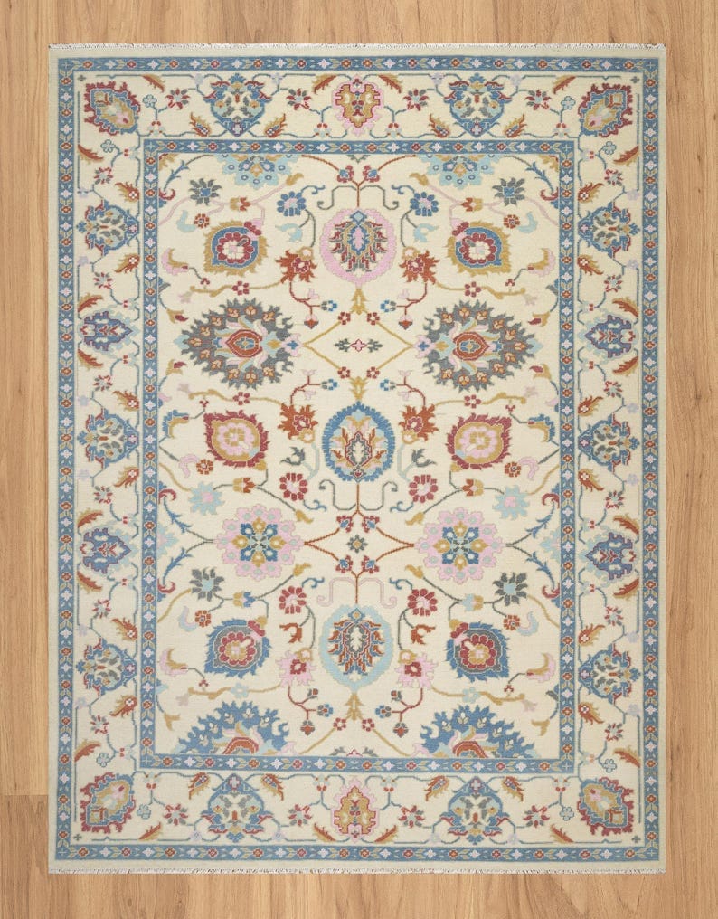 Premium Hand-Knotted Oushak Wool Rug - Creamy Ivory & Slate Blue Pastel Turkish Carpet - Custom Size Area Rug for Living Room, Bedroom & Dining Space