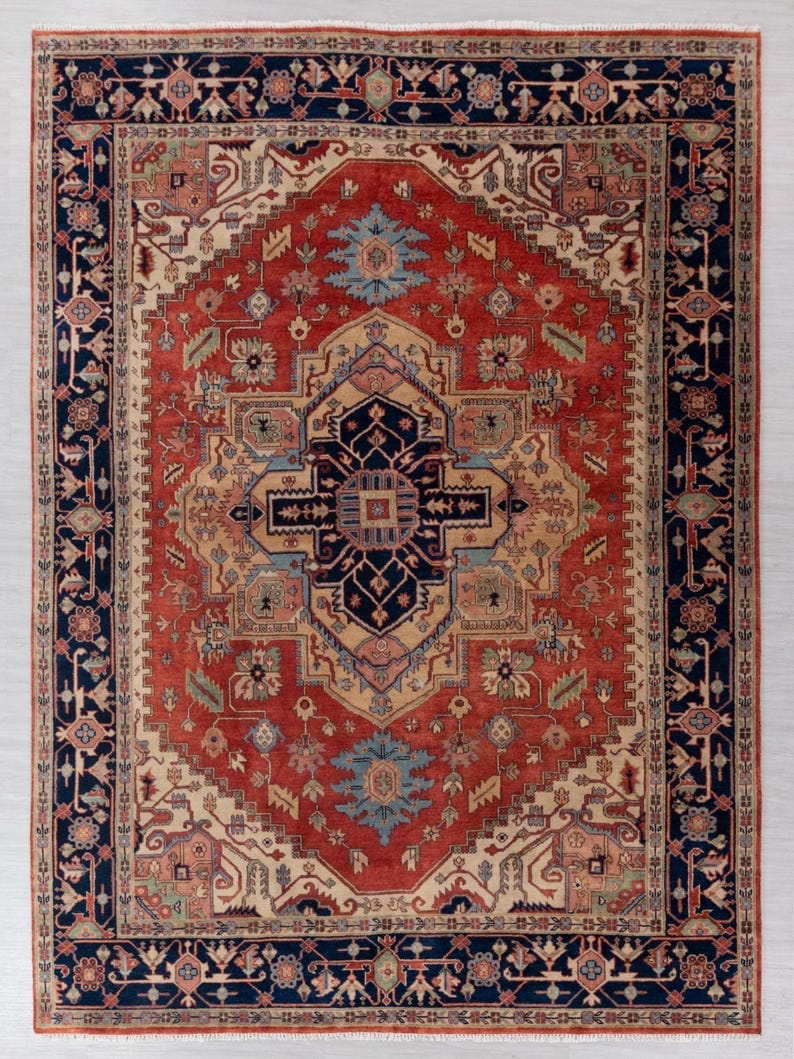 Premium Hand-Knotted Oushak Wool Rug - Terracotta Red & Navy Blue Traditional Carpet