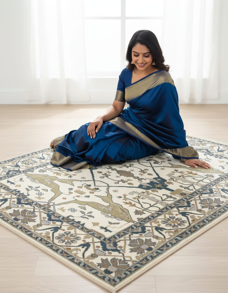 Premium Hand-Knotted Oushak Wool Rug - Cream Beige & Muted Blue-Grey Turkish Carpet