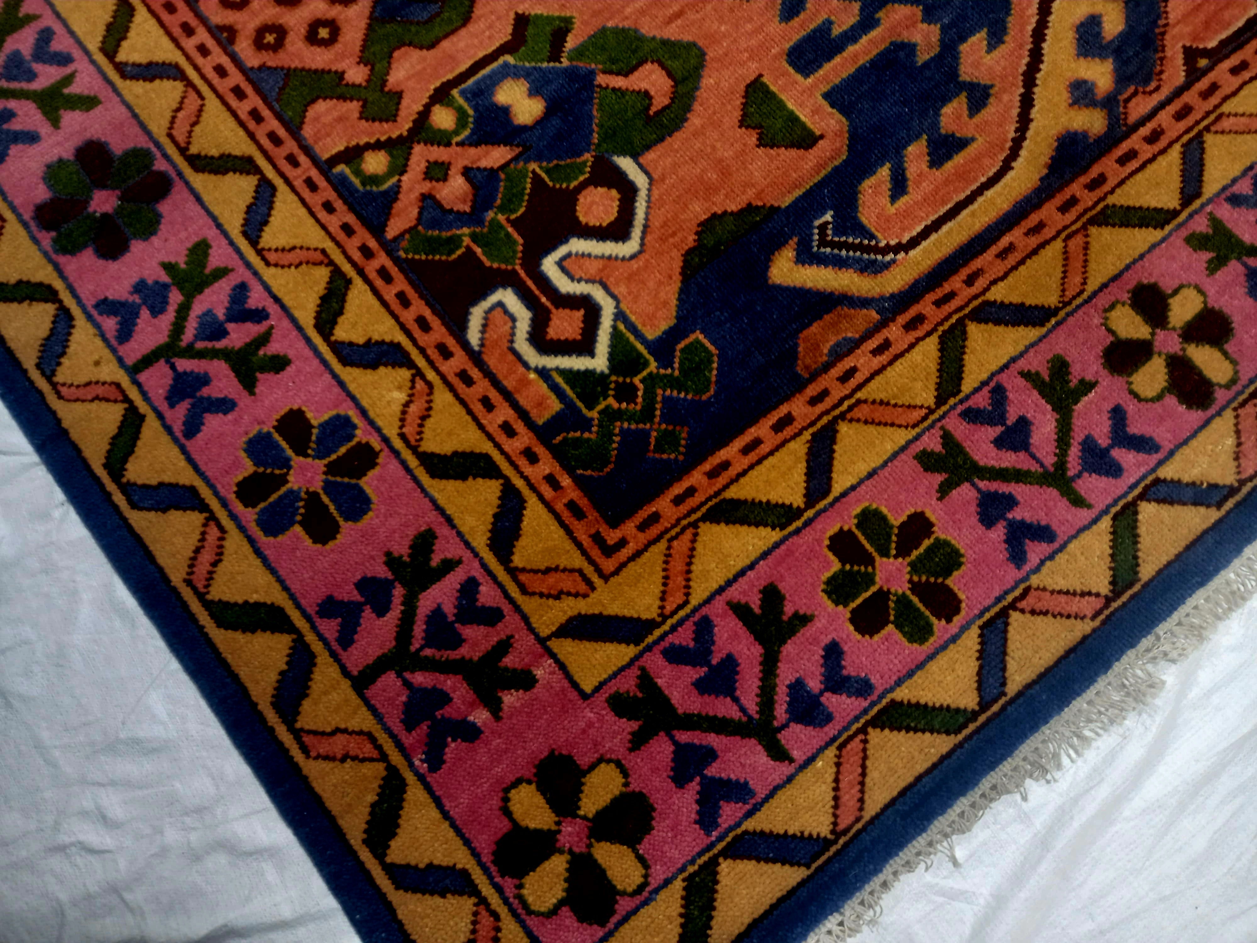 Premium Hand-Knotted Heriz Serapi Wool Rug - Royal Blue & Terracotta Geometric Carpet - Custom Size Traditional Area Rug for Living Room & Dining Space