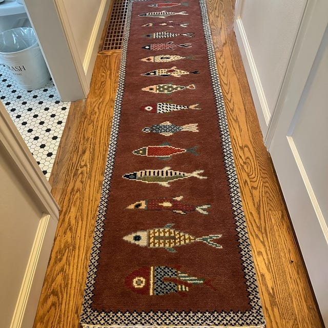 Hand-Knotted Oushak Wool Fish Runner Rug – Rust Red Eclectic Coastal Corridor Carpet