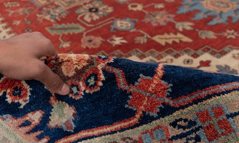 Premium Hand-Knotted Oushak Wool Rug - Terracotta Red & Navy Blue Traditional Carpet