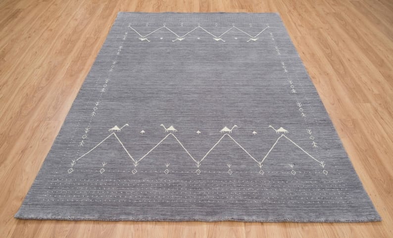 Premium Hand-Knotted Oushak Wool Rug - Grey Charcoal Minimalist Chevron Geometric Carpet