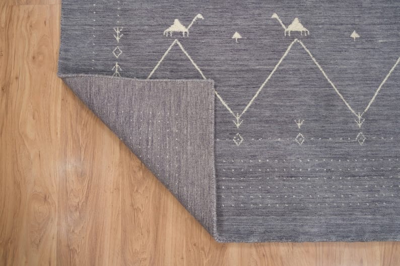 Premium Hand-Knotted Oushak Wool Rug - Grey Charcoal Minimalist Chevron Geometric Carpet