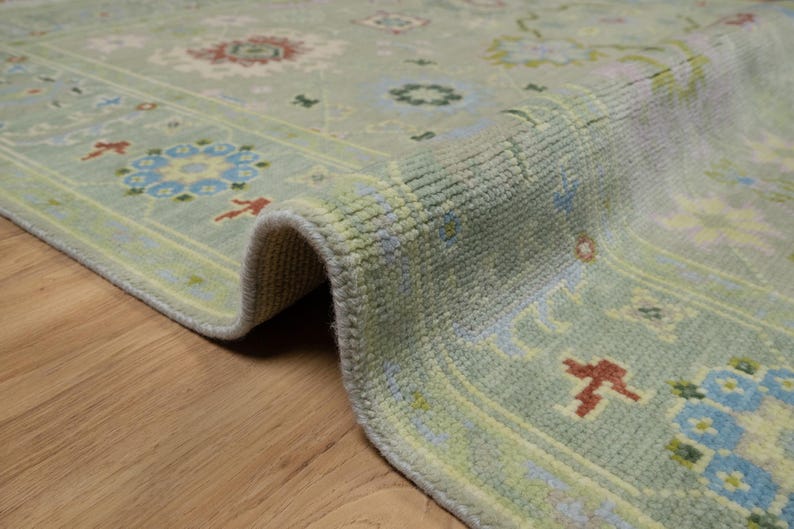 Premium Hand-Knotted Oushak Wool Rug - Muted Sage Green & Lavender Pastel Turkish Style Carpet - Custom Size Area Rug for Living Room, Bedroom & Nursery
