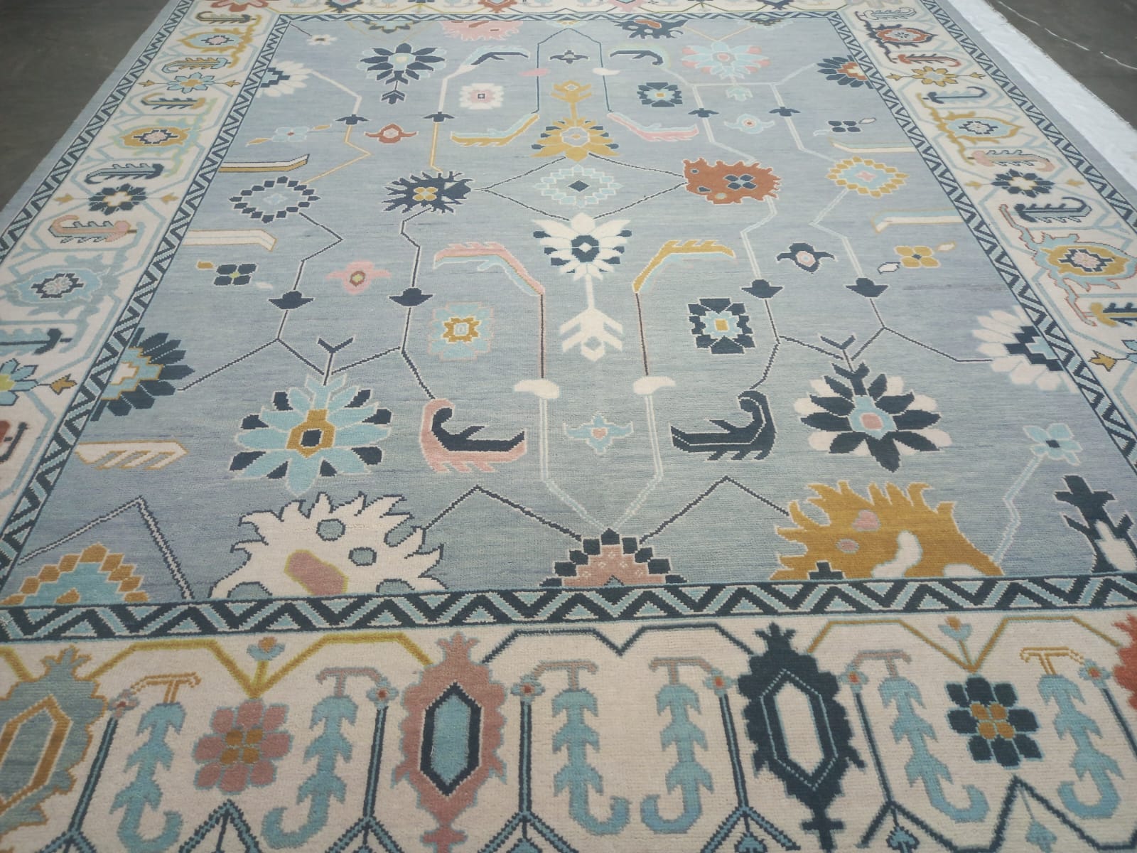 Premium Hand-Knotted Oushak Wool Rug - Slate Blue & Ivory Border Transitional Carpet - Custom Size Area Rug for Living Room, Bedroom & Dining Space