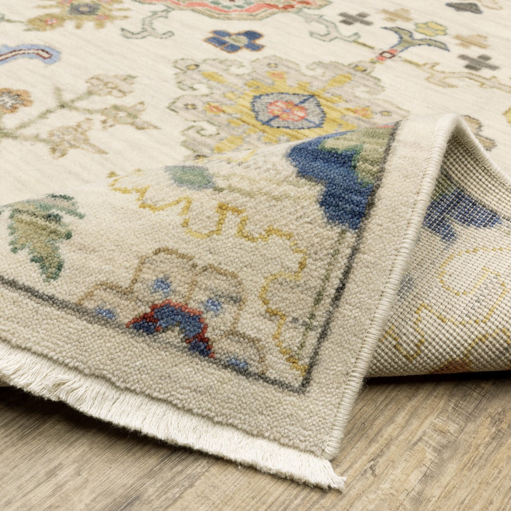 Premium Hand-Knotted Oushak Wool Rug - Vibrant Ivory Cream Multi Floral Carpet