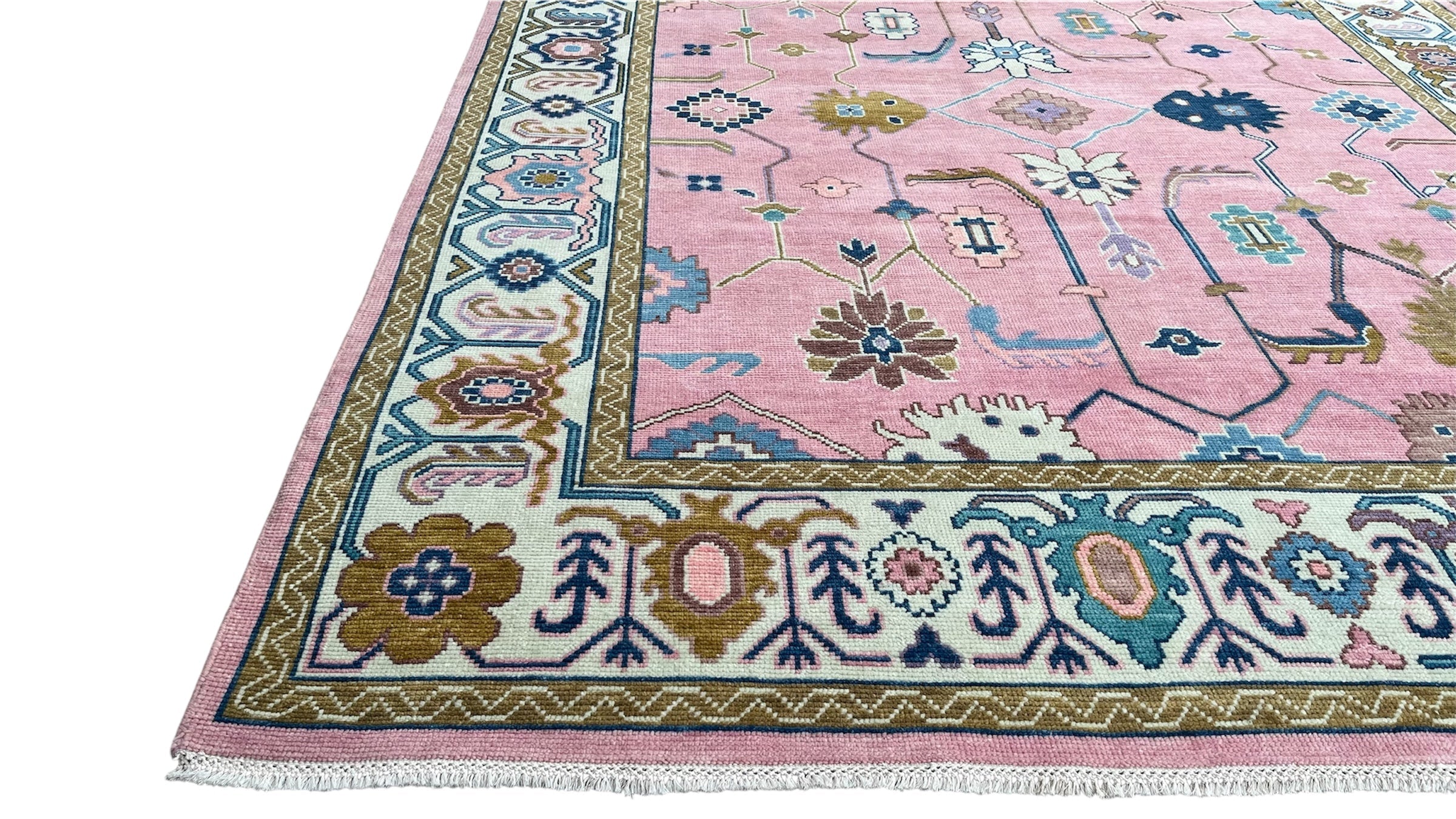Premium Hand-Knotted Oushak Wool Rug - Soft Pink and Sage Green Floral Carpet