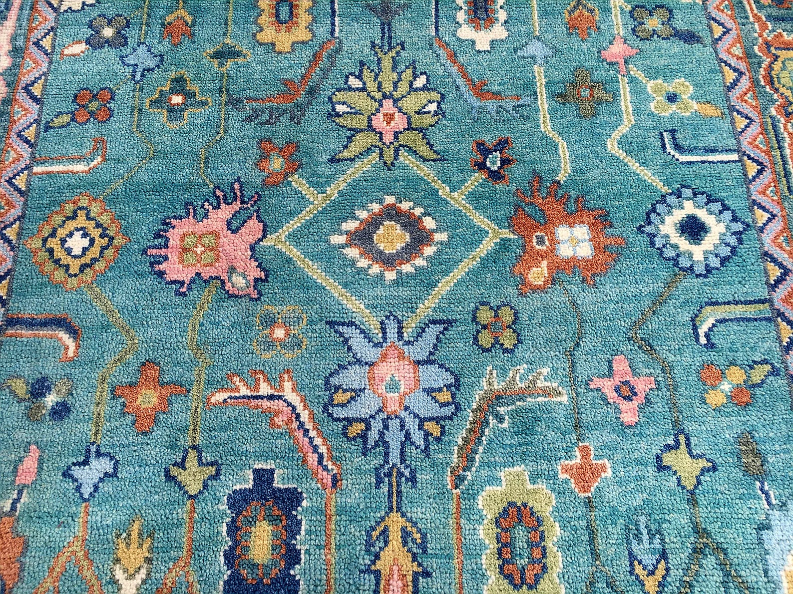 Premium Hand-Knotted Oushak Wool Rug - Vibrant Teal Blue & Terracotta Turkish Style Carpet - Custom Size Area Rug for Living Room, Bedroom & Dining Space
