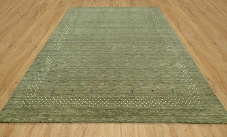 Premium Hand-Knotted Gabbeh Wool Rug - Minimalist Sage Green Organic Tribal Area Carpet - Custom Size Available