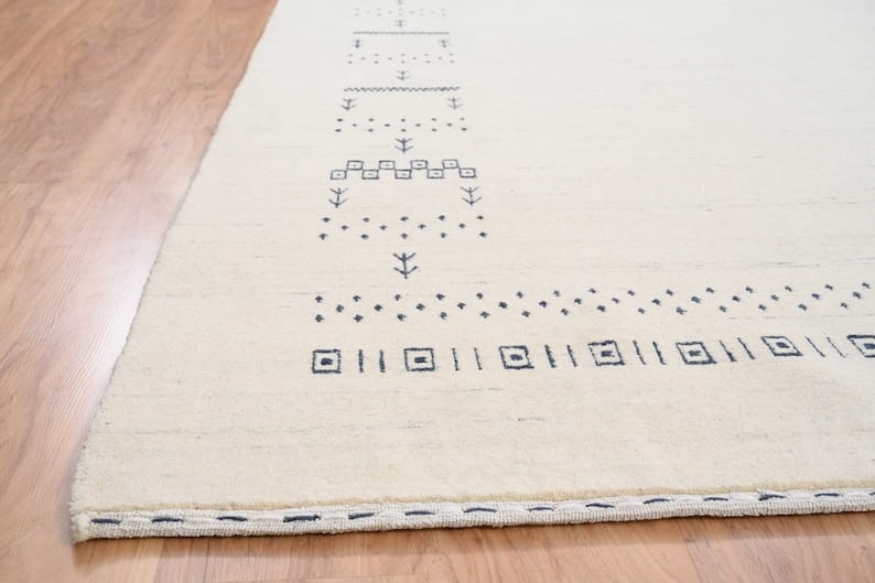 Premium Hand-Knotted Gabbeh Wool Rug - Minimalist Cream Ivory Organic Tribal Area Carpet - Custom Size Available