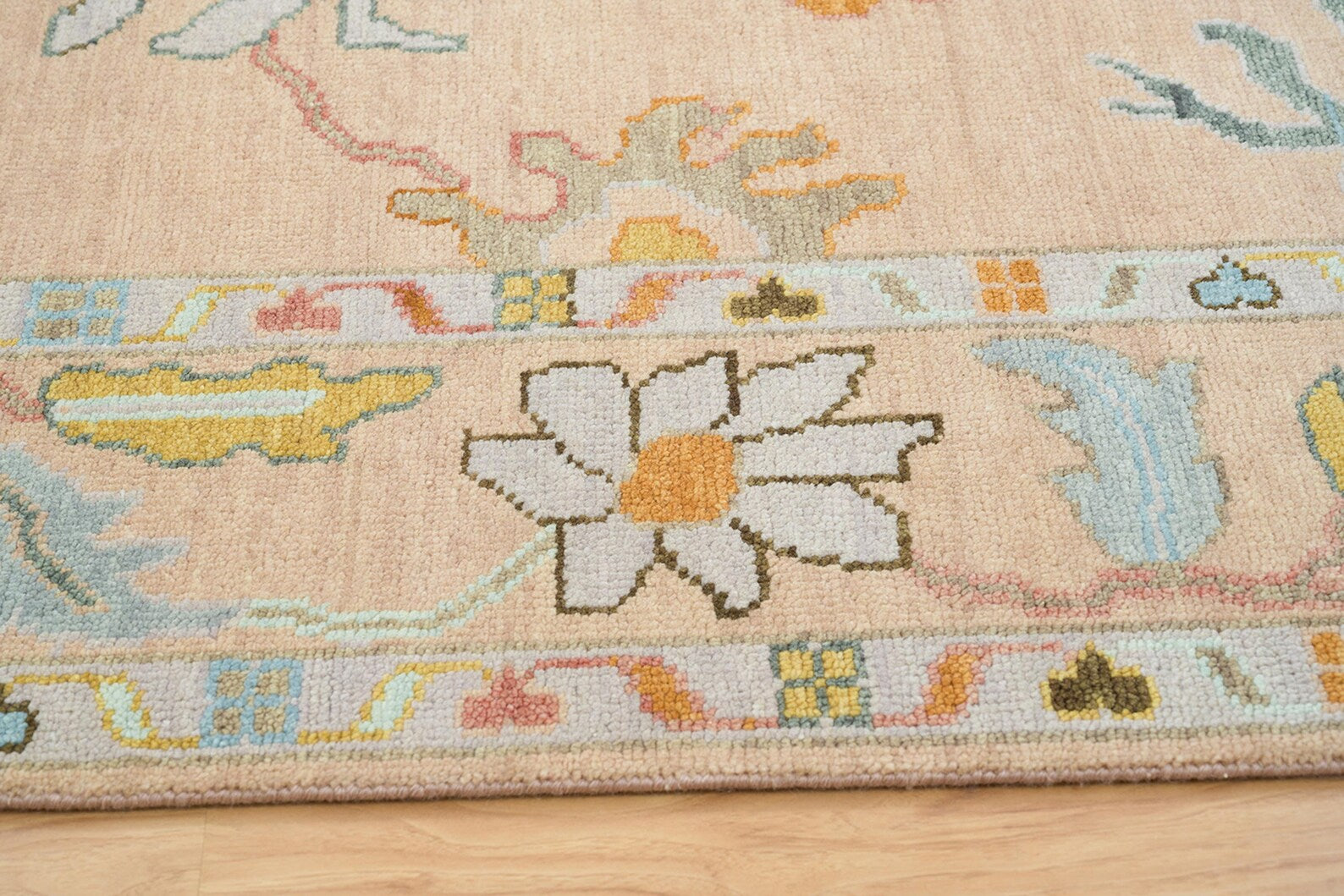 Premium Hand-Knotted Oushak Wool Rug - Muted Blush Pink & Apricot Peach Turkish Carpet - Custom Size Area Rug for Living Room, Bedroom & Nursery