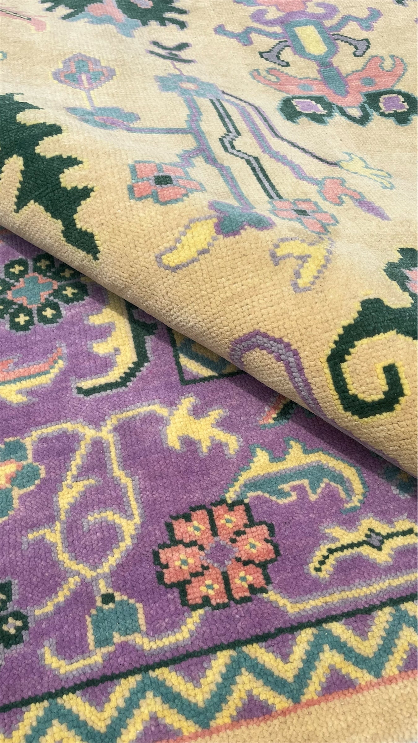 Premium Hand-Knotted Oushak Wool Rug - Ivory Cream and Purple Lavender Floral Carpet