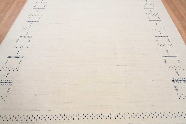 Premium Hand-Knotted Gabbeh Wool Rug - Minimalist Cream Ivory Organic Tribal Area Carpet - Custom Size Available