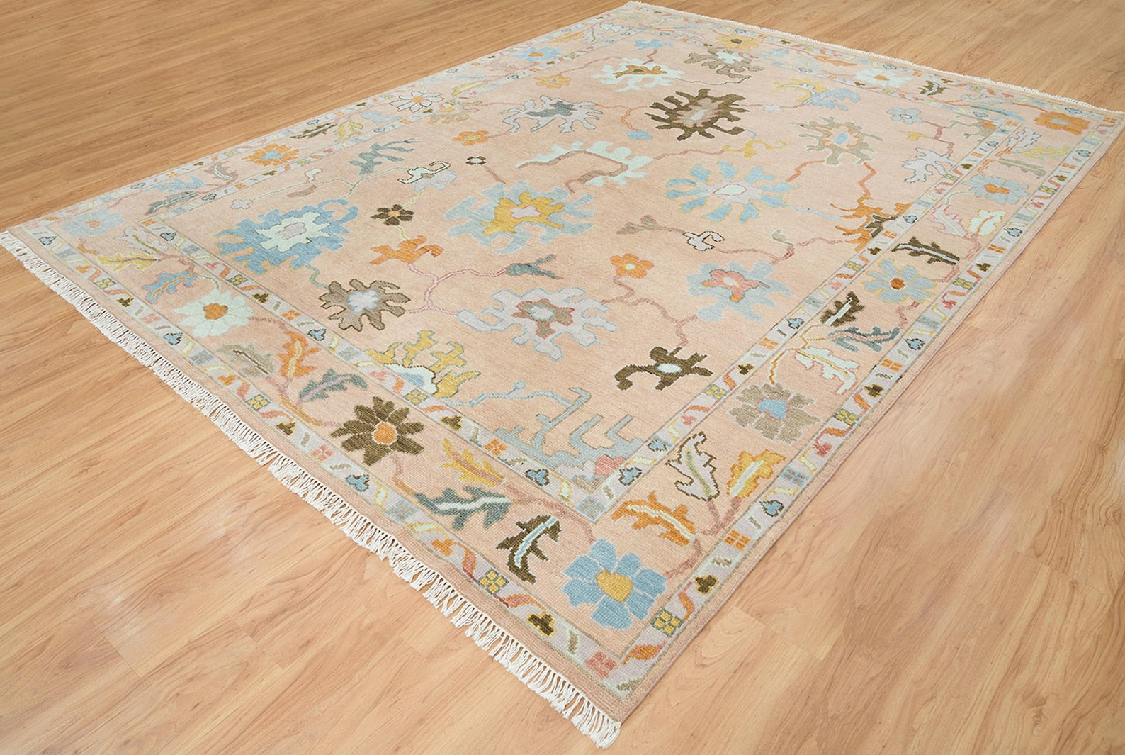 Premium Hand-Knotted Oushak Wool Rug - Muted Blush Pink & Apricot Peach Turkish Carpet - Custom Size Area Rug for Living Room, Bedroom & Nursery