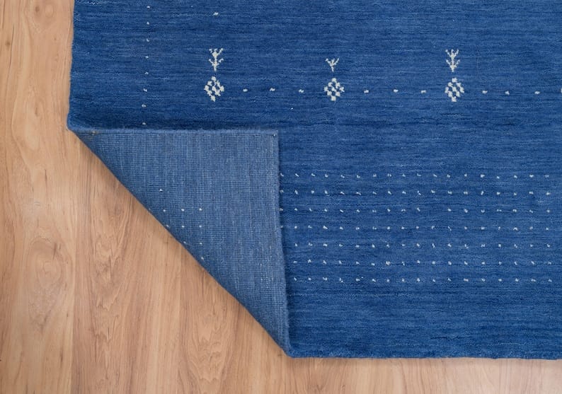 Premium Hand-Knotted Gabbeh Wool Rug - Minimalist Indigo Blue Organic Tribal Area Carpet - Custom Size Available