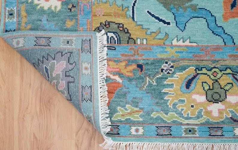 Premium Hand-Knotted Oushak Wool Rug - Turquoise Blue & Terracotta Orange Turkish Style Carpet - Custom Size Area Rug for Living Room, Bedroom & Dining Space