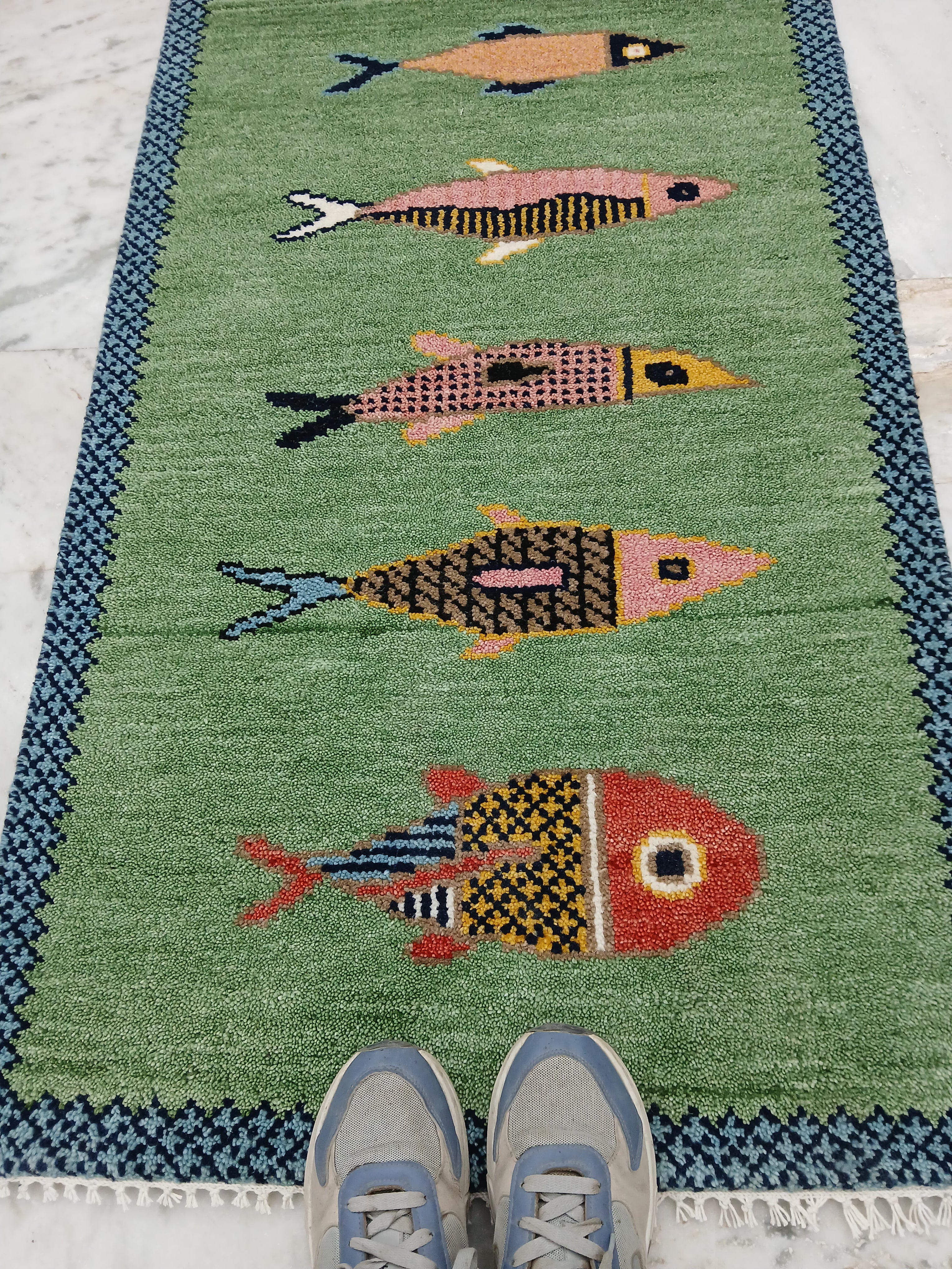 Luma Hand-Knotted Oushak Wool Fish Runner Rug – Vibrant Green Eclectic Coastal Accent