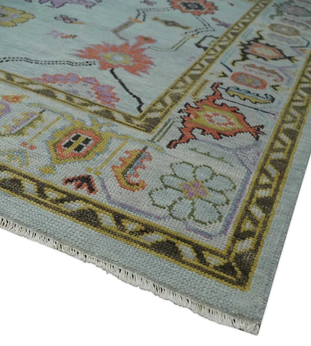 Premium Hand-Knotted Oushak Wool Rug - Serene Light Blue Pastel Floral Carpet