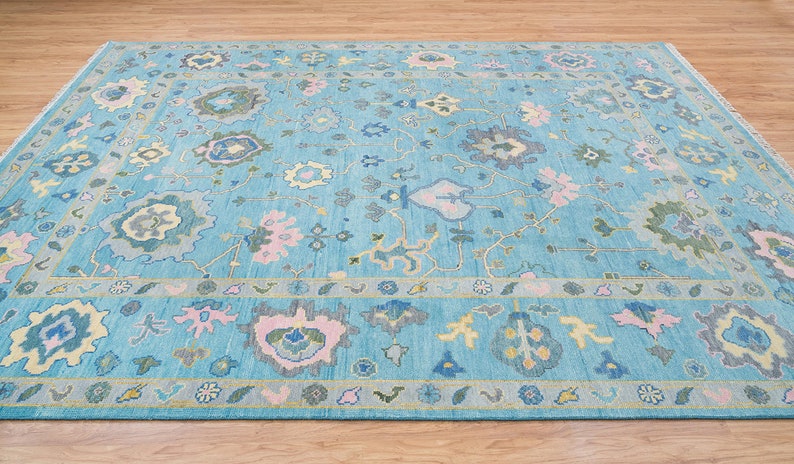 Premium Hand-Knotted Oushak Wool Rug - Pastel Blue & Pink Floral Turkish Style Carpet - Custom Size Rug for Living Room & Bedroom
