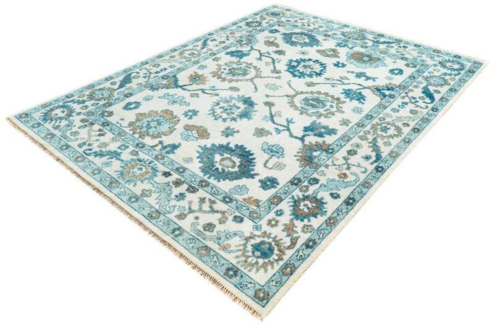Premium Hand-Knotted Oushak Wool Rug - Creamy Ivory & Turquoise Blue Turkish Carpet - Custom Size Traditional Area Rug for Living Room, Bedroom & Coastal Spaces