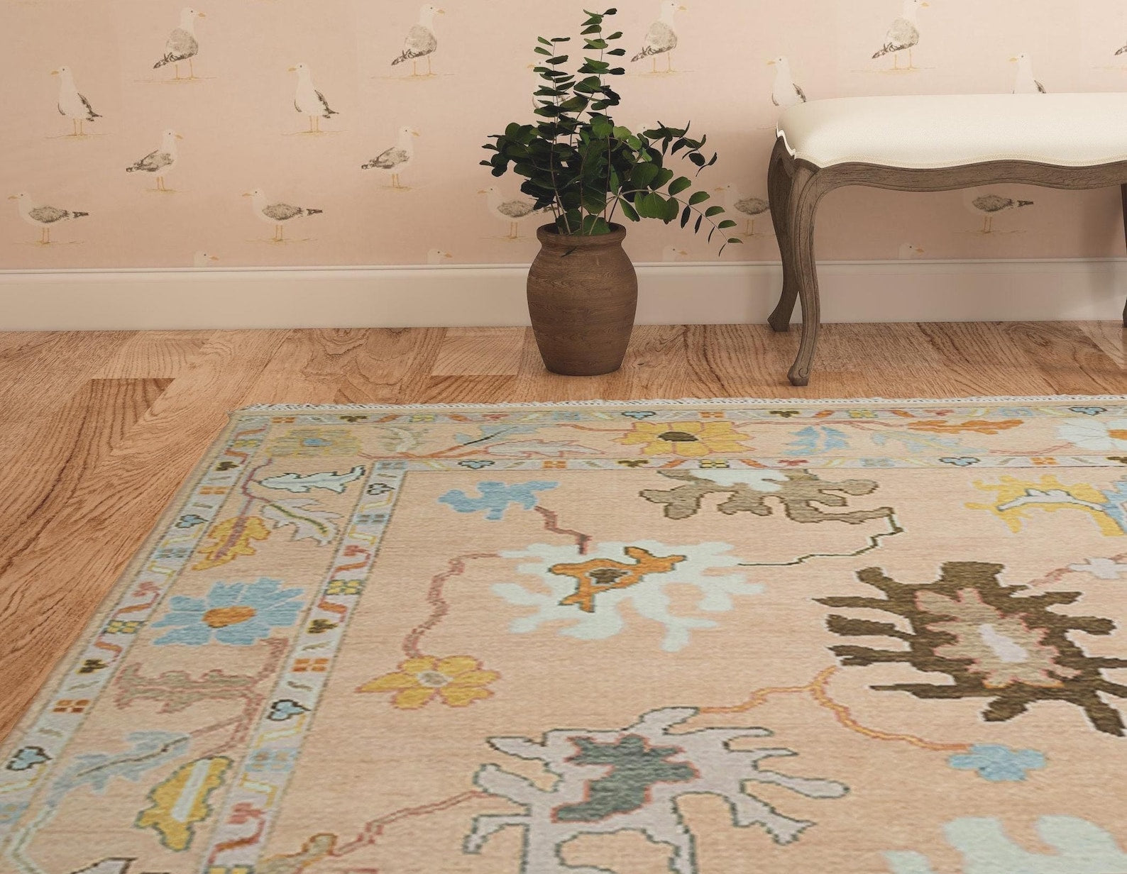 Premium Hand-Knotted Oushak Wool Rug - Muted Blush Pink & Apricot Peach Turkish Carpet - Custom Size Area Rug for Living Room, Bedroom & Nursery