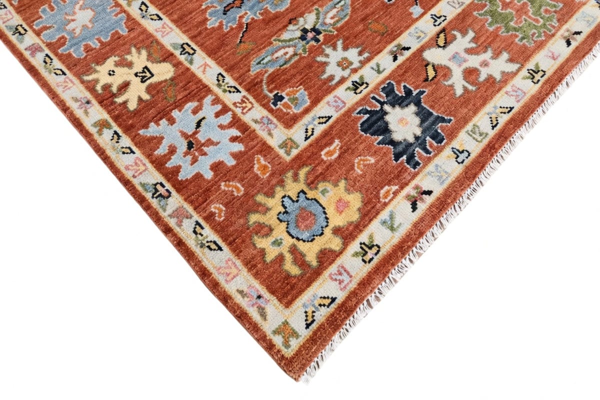 Premium Hand-Knotted Oushak Wool Rug - Rust Orange & Olive Green Traditional Carpet - Custom Size Area Rug for Living Room, Dining Room & Bed Space